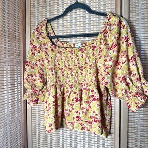 Yellow Floral Smocked Square-Neck Peasant Cropped Top